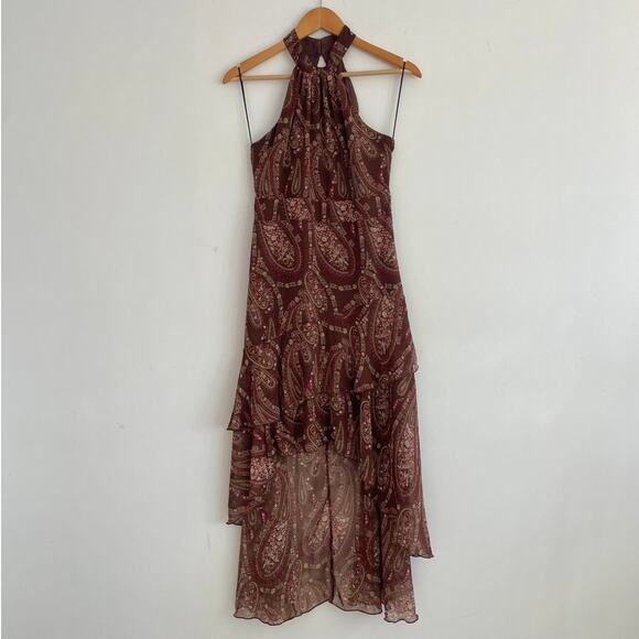Petal & Pup Dresses & Skirts - Petal and Pup - Tia Brown Halter Neck Swiss Dot Paisley High Low Maxi Dress
